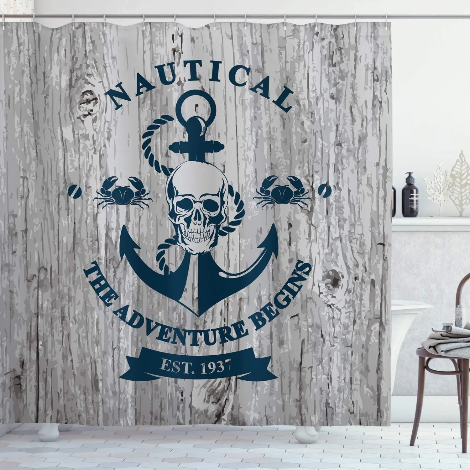 

Anchor Shower Curtain Art with Anchor Skull Rope Nautical The Adventure Begins Message Historic Cloth Fabric Bathroom Decor