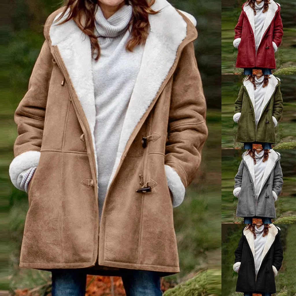 

Plus Size Women Winter Warm Coat Long Sleeve Pockets Hooded Casual Jackets Overcoat