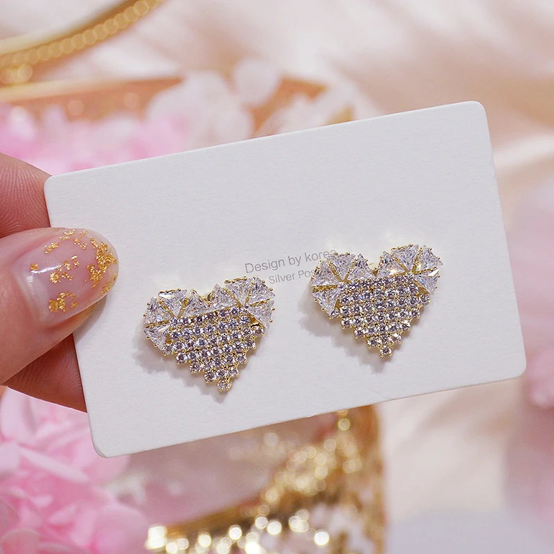 

Trendy Elegant 14K Real Gold Plated Lovely Heart Earring for Women Top AAA Shiny Zircon S925 Silver Needle Stud Jewelry Hot Gift