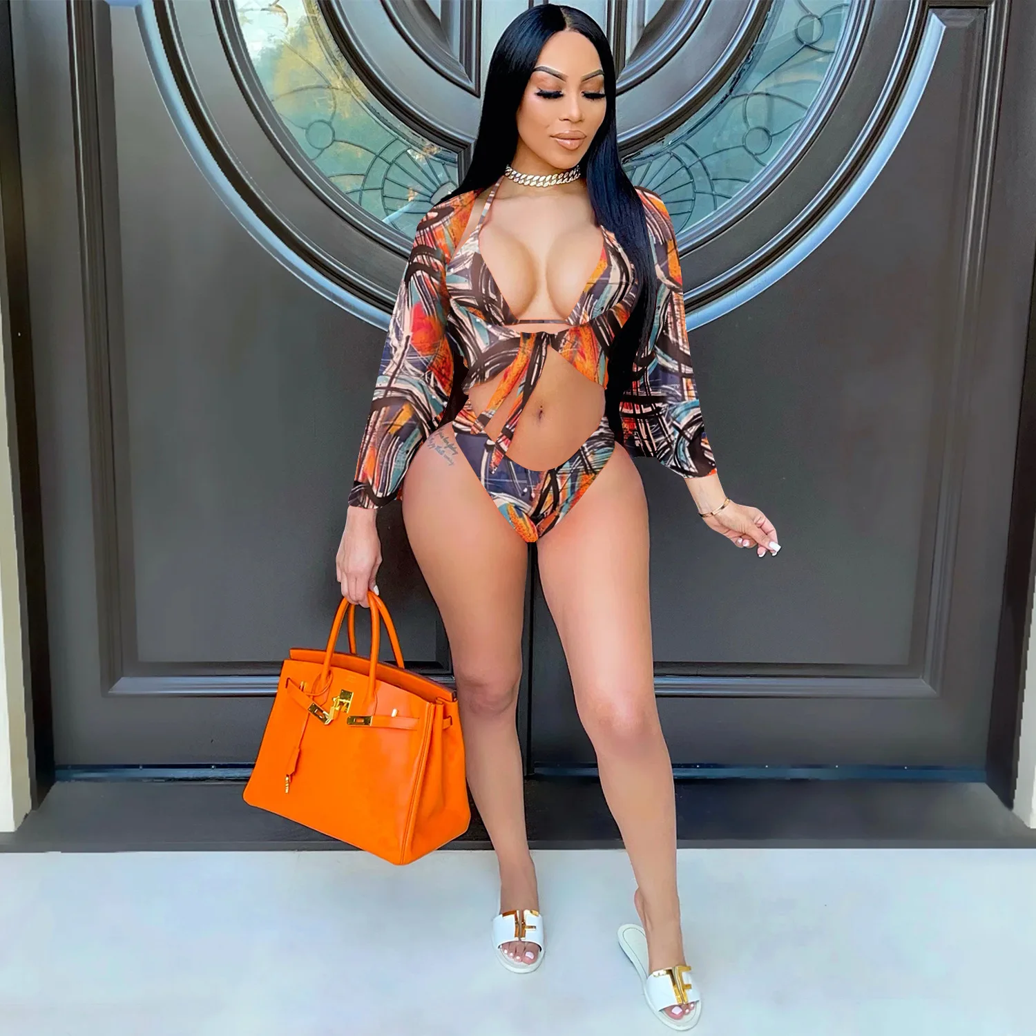 

Women Fashion Print Deep V Sexy Bikini Bathing Suit Summer Bathing Suits For Women Lace Up Halter With Cover Three Piece Suit