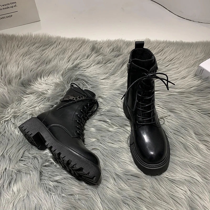 

Женские ботинки, осень/зима 2020, новые теплые модные ботильоны на толстом каблуке со шнуровкой и боковой молнией