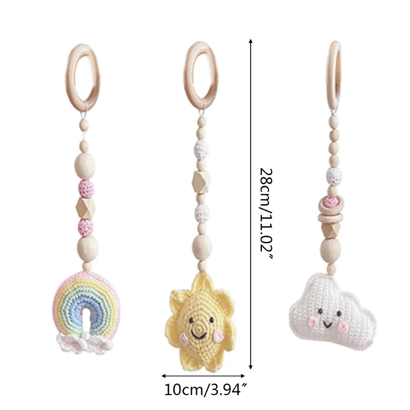 

3 Pcs/Set Baby Gym Frame Pendants Crochet Sun Cloud Rainbow Rattles Wooden Ring