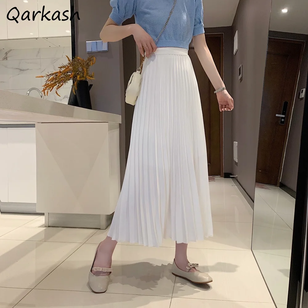 

A-line Skirts Women Tender Mid-calf Solid Simple Spring Holiday Female All-match Elegant Chic Popular Leisure Mujer Folds New