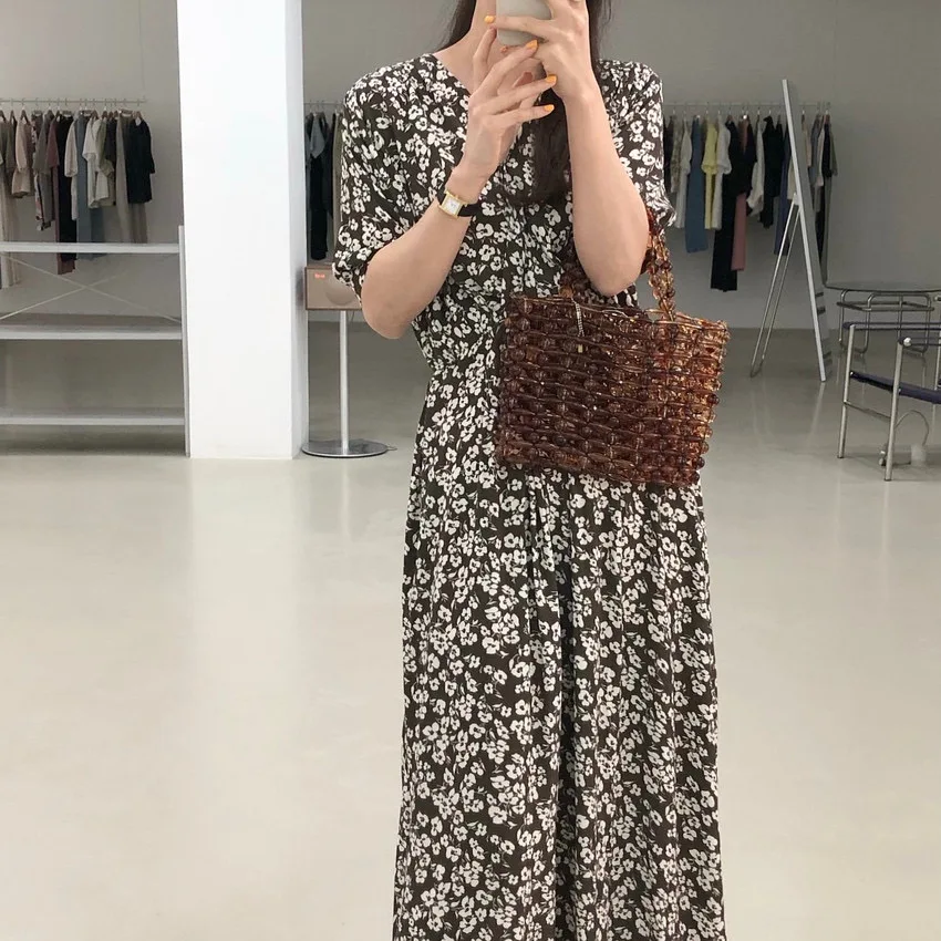 

Korejpaa Women Dress 2021 Summer Korean Chic Girls Lazy Style Slim V-Neck Cross High Waist Puff Sleeve Full Screen Daisy Vestido