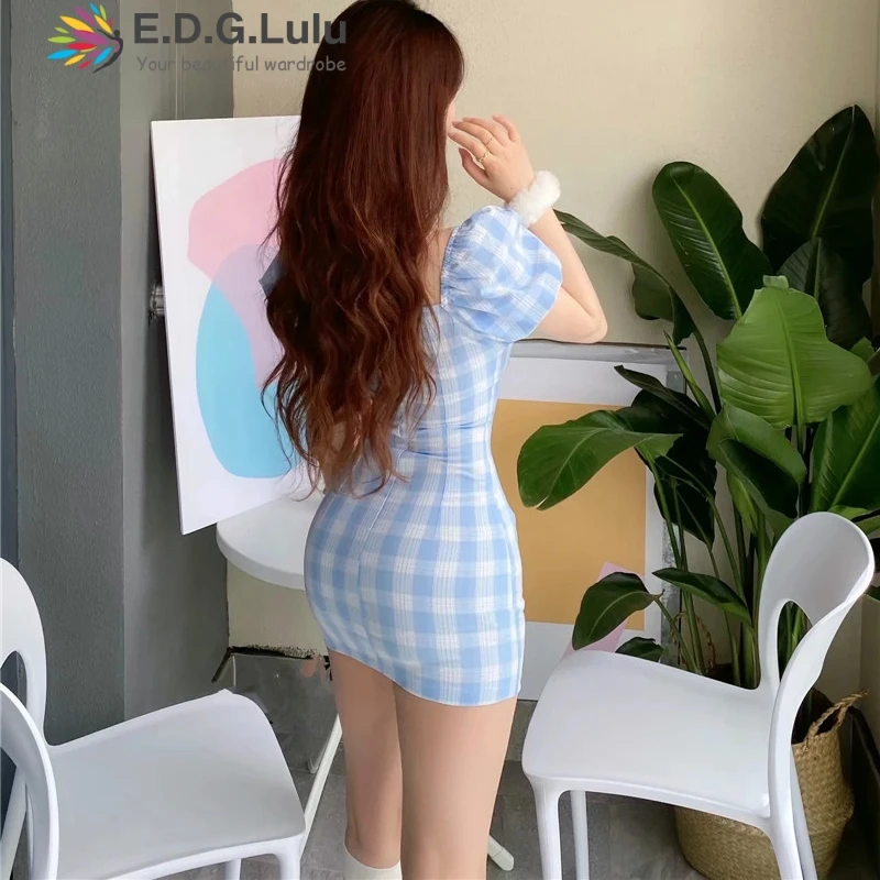 Женское платье в синюю клетку EDGLuLu повседневное элегантное облегающее с