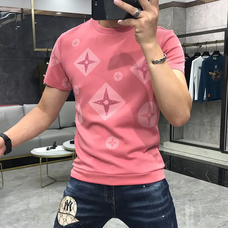 

T-Shirt Men Rhinestone Pink Large Size 4XL New 2021 Spring Personalized Trend High Quality Short Sleeve Round Neck Tees Male Top