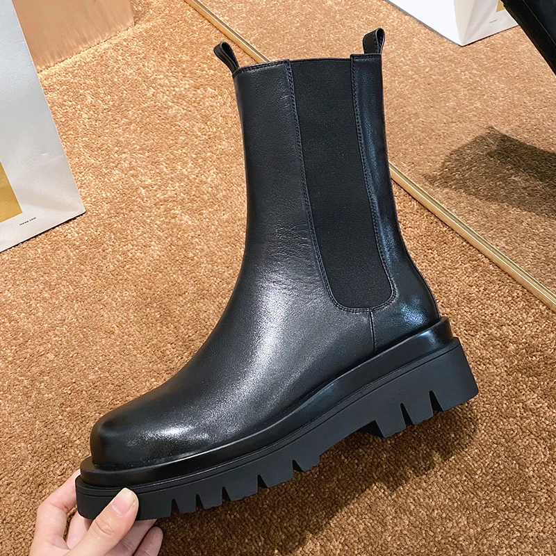 

Flats Platform Women Ankle Boots Warm Genuine Leather Motorcycle Boots Chunky Heels casual Autumn Winter Shoes Woman