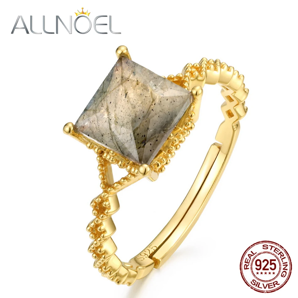

ALLNOEL Solid 925 Sterling Silver Rings For Women Natural Labradorite Real Gold Plated Adjustable Ring 2022 Fashion Jewelry New