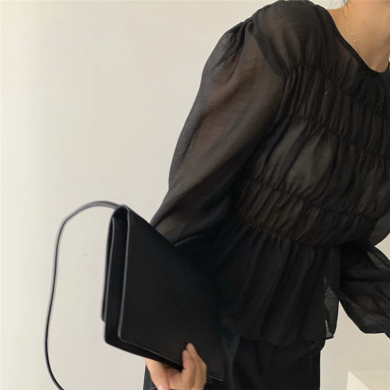 Блузка с пышными длинными рукавами весна 2021 блузка круглым вырезом однотонные