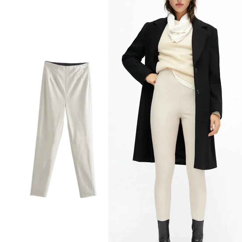 

TRAF Za Women Pants 2021 Autumn Lmitation Leather High Waist Leggings Women New Fashion Streetwear Vintage Solid Ccolor Trousers