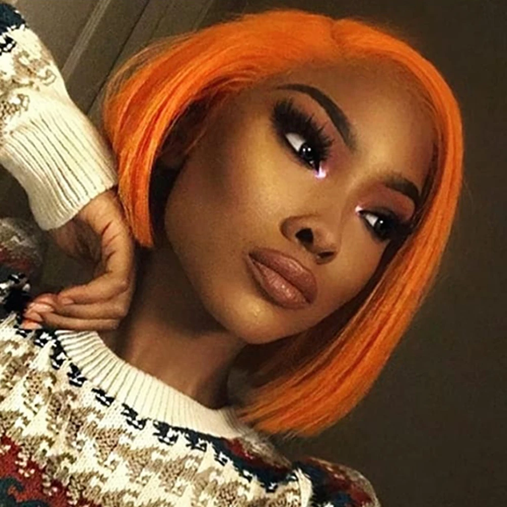 T Part Lace Wig Orange Ear to Ear Bob Lace Wig 12inches Short Bob Wig with Right Parting Line Brazilian Remy Hair Free Shipping