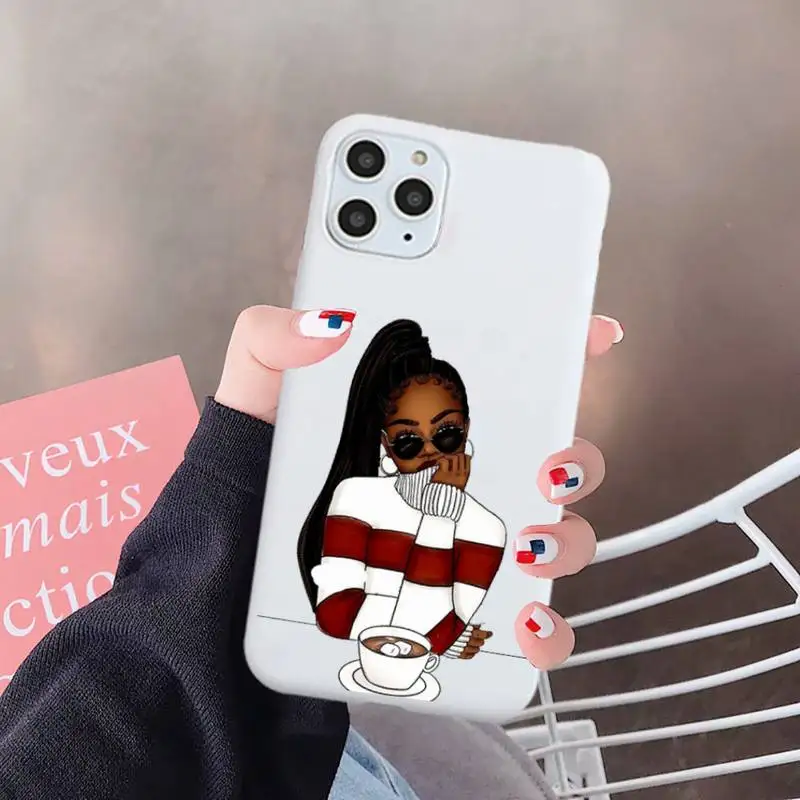 

Black braids black girl fashion cartoon Phone Case White Candy Color for iPhone 6 7 8 11 12 s mini pro X XS XR MAX Plus