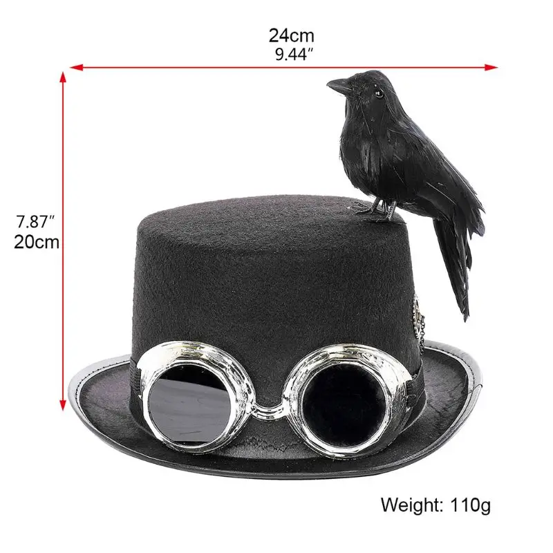 

Unisex Heavy Metal Music Festival Top Hat Carnival Retro Gothic Steampunk Cosplay Black Jazz with Crow Goggles