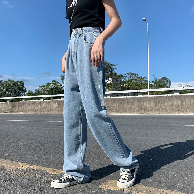 

С высокой талией джинсы на весну и осень, джинсы с высокой талией для женщин свободного кроя с широкими штанинами в стиле ретро из лакирован...