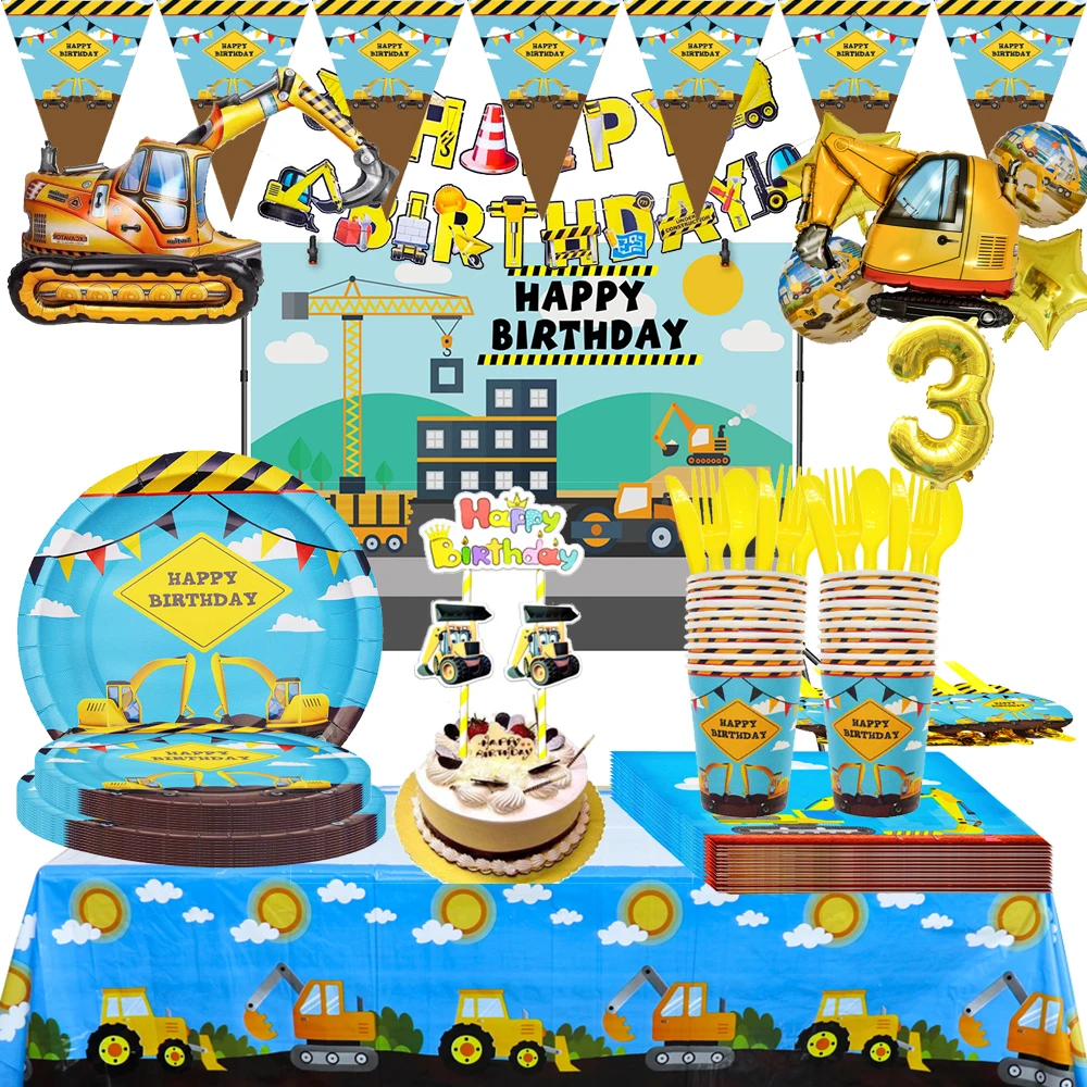 

Экскаватор, товары для дней рождения, украшения для строительной вечеринки с баннером, топперы для торта, тарелка, чашка, соломенный шар