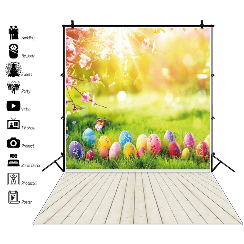 

Spring Easter Floral Bokeh Backdrop Pictures Colorful Eggs Grass Photography Background Grassland Kids Photoshoot Photo Booth