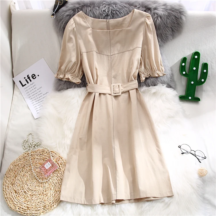 

New Summer Korean Style Dress Square Collar Short Sleeve High Waist with Belt Solid Knee-length Dresses Ladies Female Vestidos