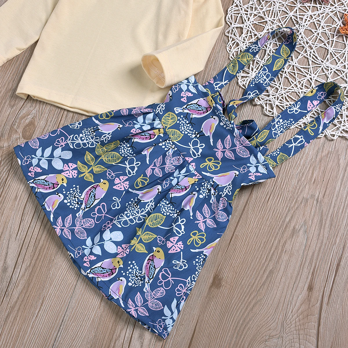 Детский хлопковый топ с оборками и длинными рукавами + синяя юбка цветочным