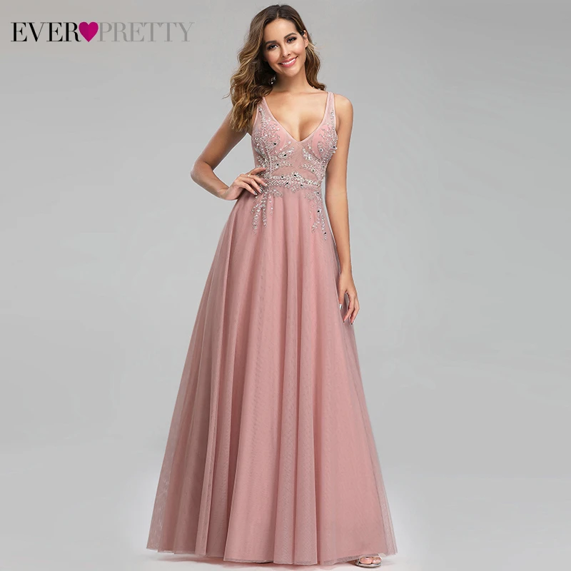 Luxury Evening Dresses Long Ever Pretty A-Line Double O-Neck Beaded See-Through Sexy Formal Evening Gowns Abendkleider - Color: Pink