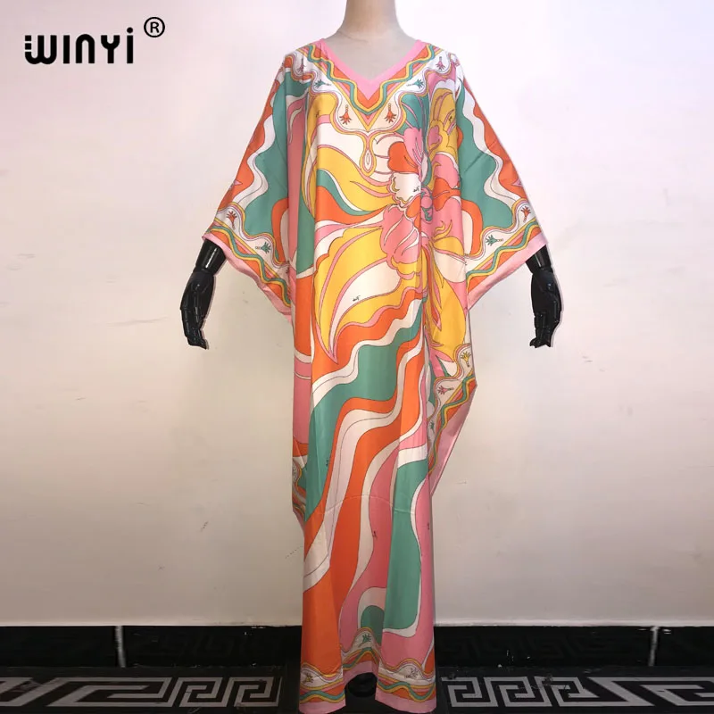 

WINYI 2021 New Autumn Fashion Bohemian Style Dress Women Batwing Sleeve Floor Length Over Size Silky Print Striped Tie