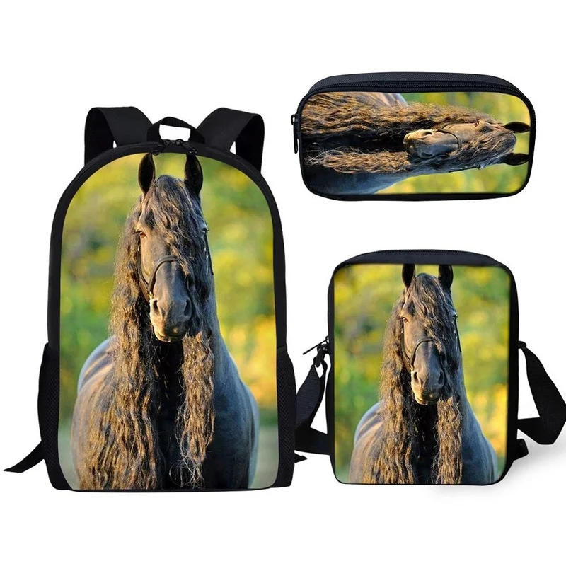 

2021 New Hot 3PCs/Set Children's School Backpack Friesian Pattern School Bags Beautiful Horse Design Teenagers Book-Bags Set