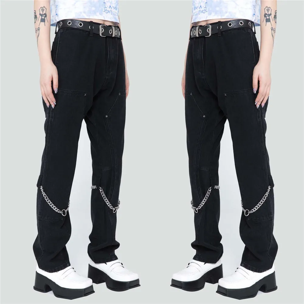 

Men's Denim Jeans Pant Fashion Chains on The Knee Thin Pencil Pants Casual Streetwear Women Trousers