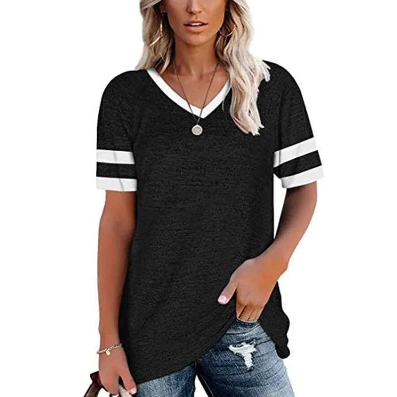 

New Women's 2021 Summer V-neck Contrast Short Sleeve Casual Top T-shirt
