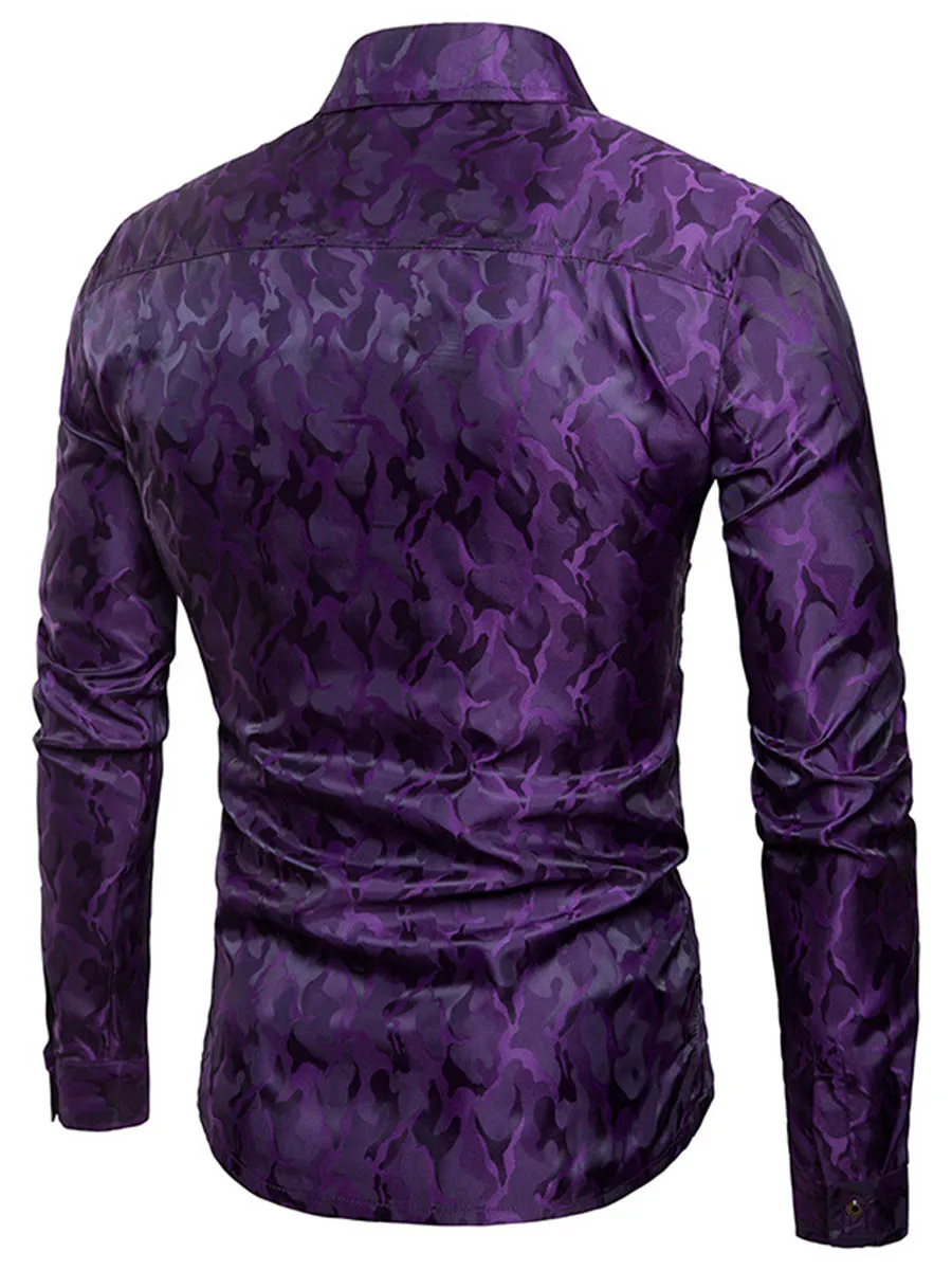 

Men's Chic Long Sleeve Shirt Bright Color Nightclub Camouflage Design Silk Cloth Fashion Lapel Spring Young Male Clothing New