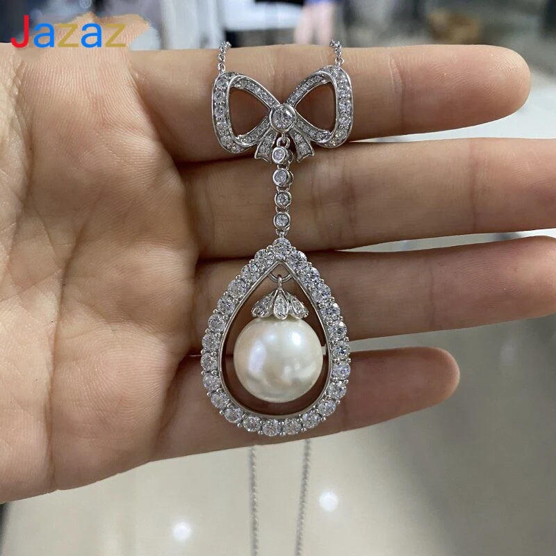 

Jazaz Fine Solid 925 Sterling Silver Pearl Creted Moissanite Pendant Necklace Women OL Wedding Anniversary Gift Wholesale B0990