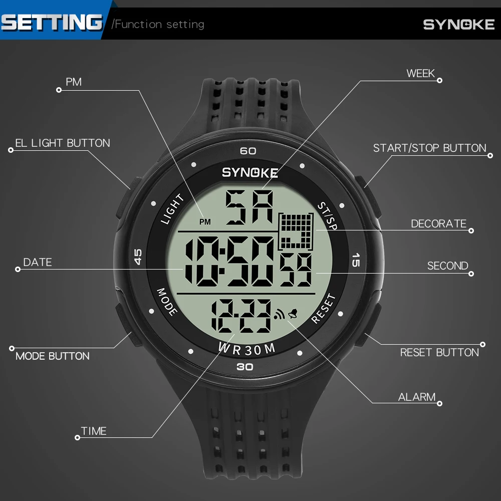 Спортивные мужские цифровые часы SYNOKE повседневные светящиеся водонепроницаемые