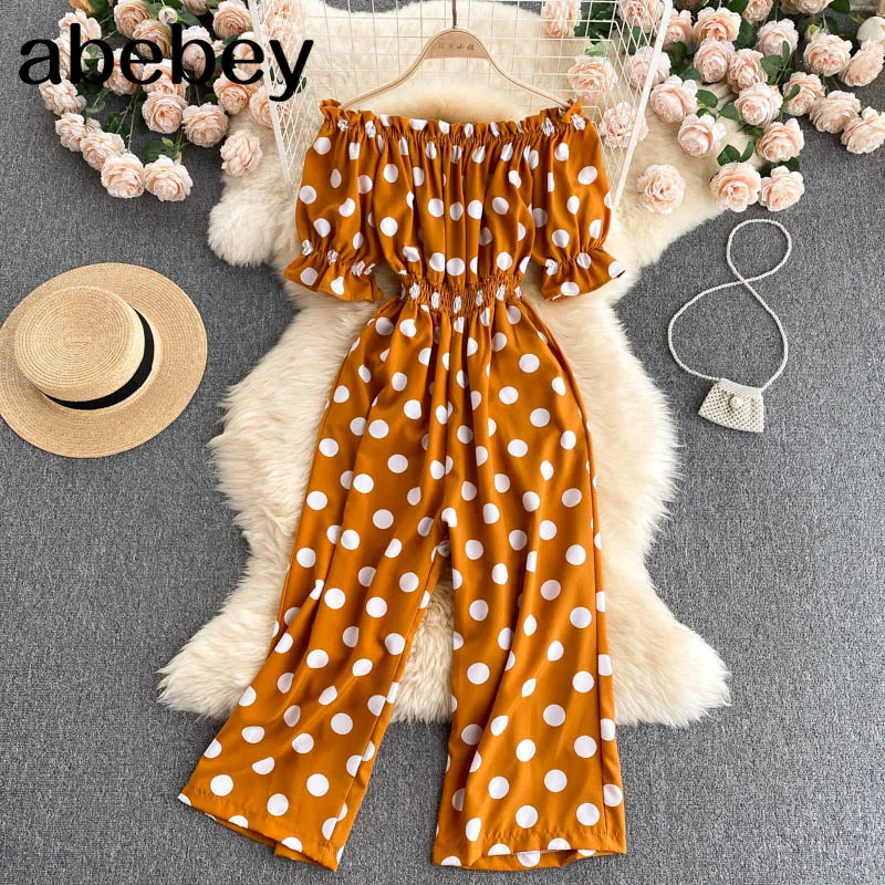 Женские комбинезоны в французском горошек милые эластичные с пышными рукавами и