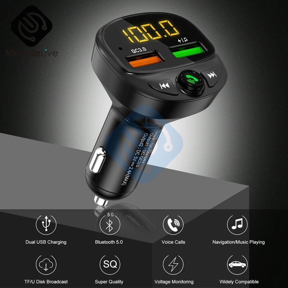 Фото Автомобильное зарядное устройство Quck с двойным USB-портом, Bluetooth 5,0, вольтметр QC3.0, контроль напряжения, универсальный для мобильных телефонов... №5