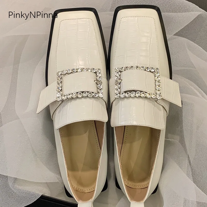 

2021 spring women genuine leather square toe fashion loafers crystal buckle office commuter crocodile pattern luxury casual shoe