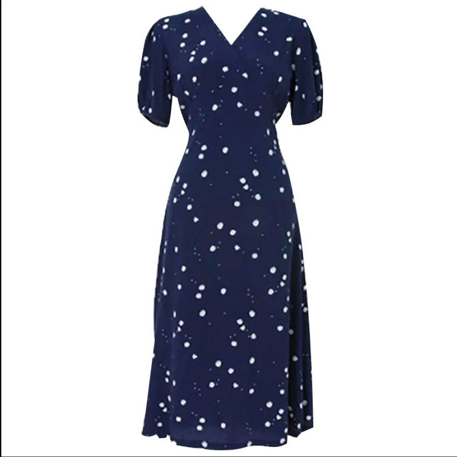 

French style elegant floral chiffon dress women summer v-neck slim lace up a-line dress