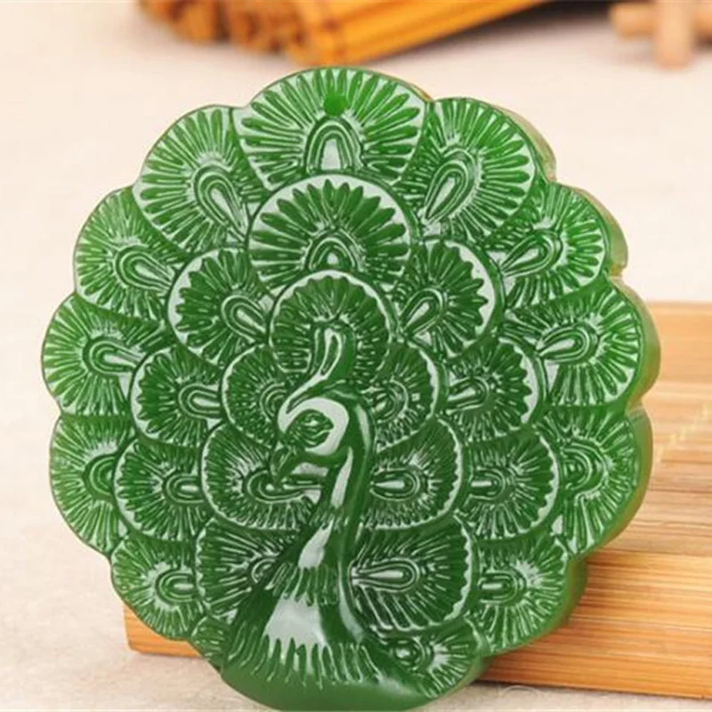 Women Necklace Pendant Green White Nephrite Jade Carved Peacock Open Screen Gift for Female Fashion Jewelry | Украшения и