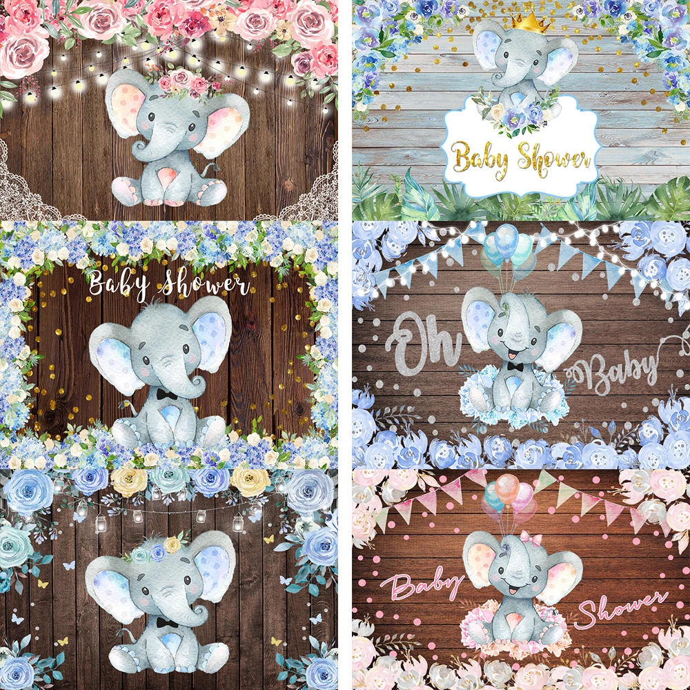 

Cartoon Elephant Baby Shower Photography Backdrops Baptism My First Communication Birthday Photo Backgrounds Wooden Photo Studio