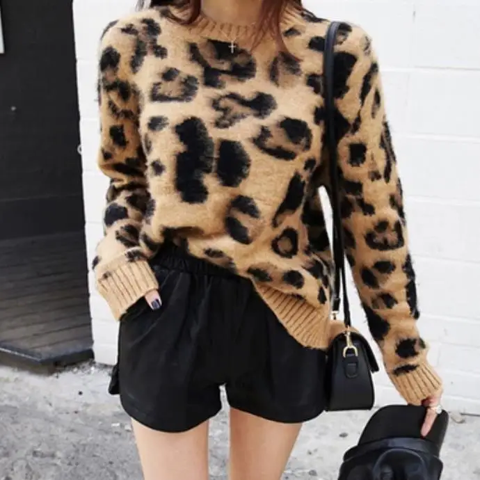 Женские винтажные леопардовые кашемировые свитера с длинными рукавами и круглым