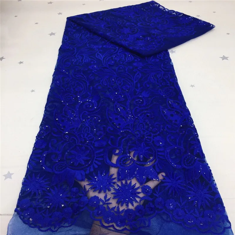

2021 Latest African Lace Fabric High Quality French Net Embroidery Royal Blue Sequins Tulle Lace Fabric For Nigerian Party Dress