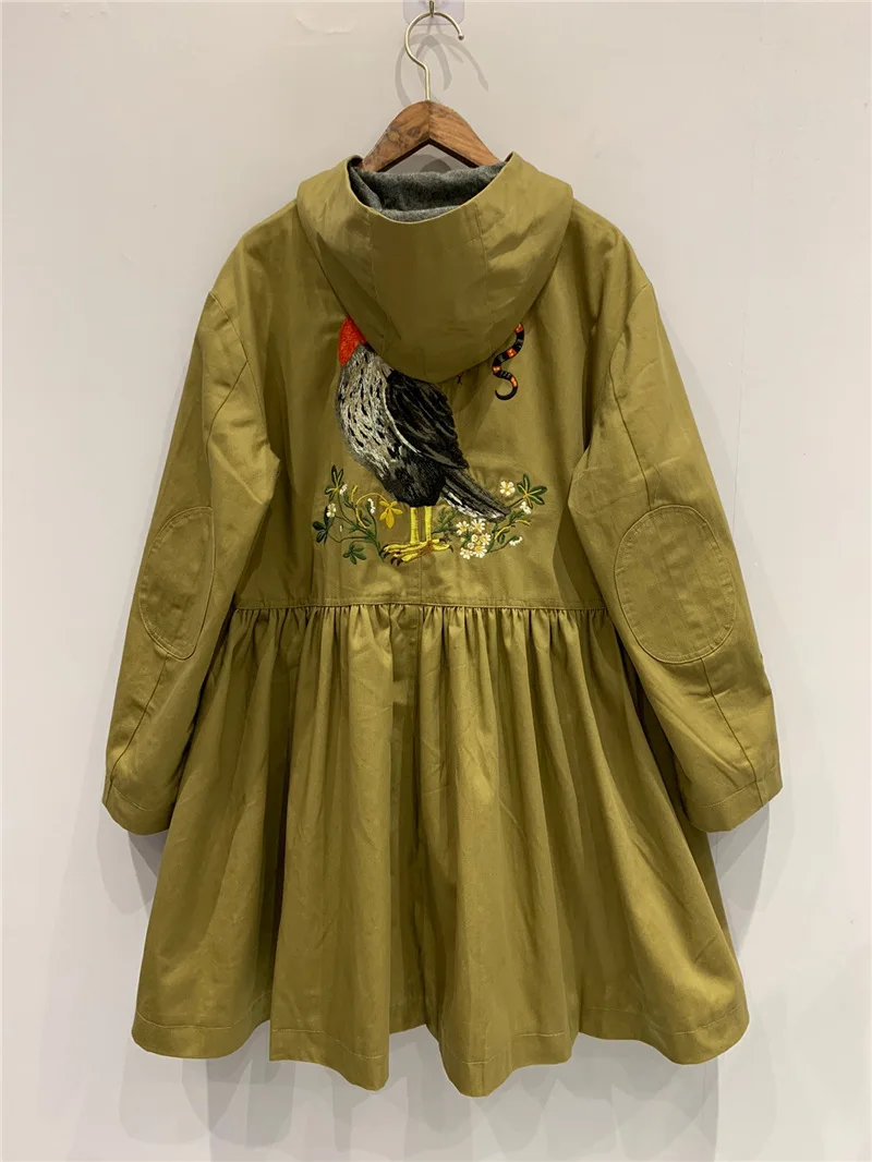 

French Retro Style High-quality Heavy-duty Embroidery Hooded Slim-fit Cotton Trench Coat