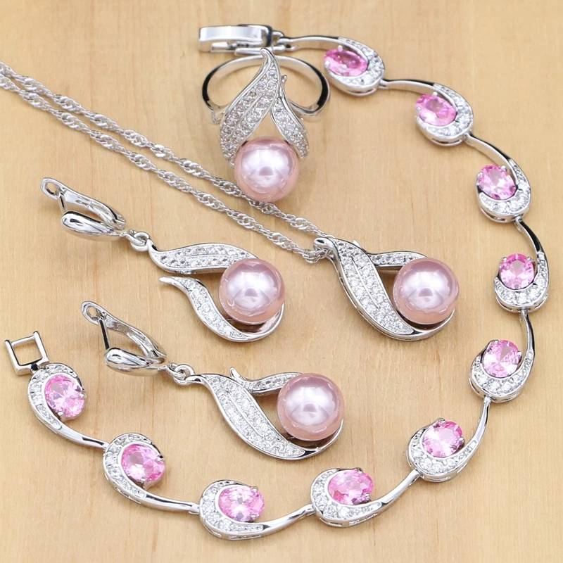 

Silver 925 Bridal Jewelry Sets Pink Pearls Beads For Women Wedding Earrings/Pendant/Ring/ Zircon Bracelet/Necklace Set
