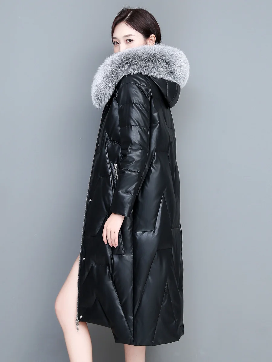 New Women Leather Down Coat Winter Fashion Real Fox Fur Collar Hooded Loose Sheepskin Overcoat Thick Warm Long Outerwear Female