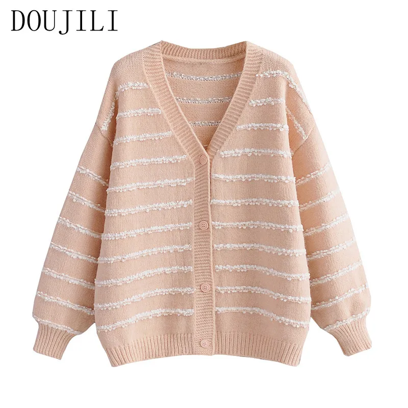 

DOUJILI Autumn Style Women Elegant Sweater Sweet Pink Striped Cardigan Fashion Oversized Knitted Cardigan Coat