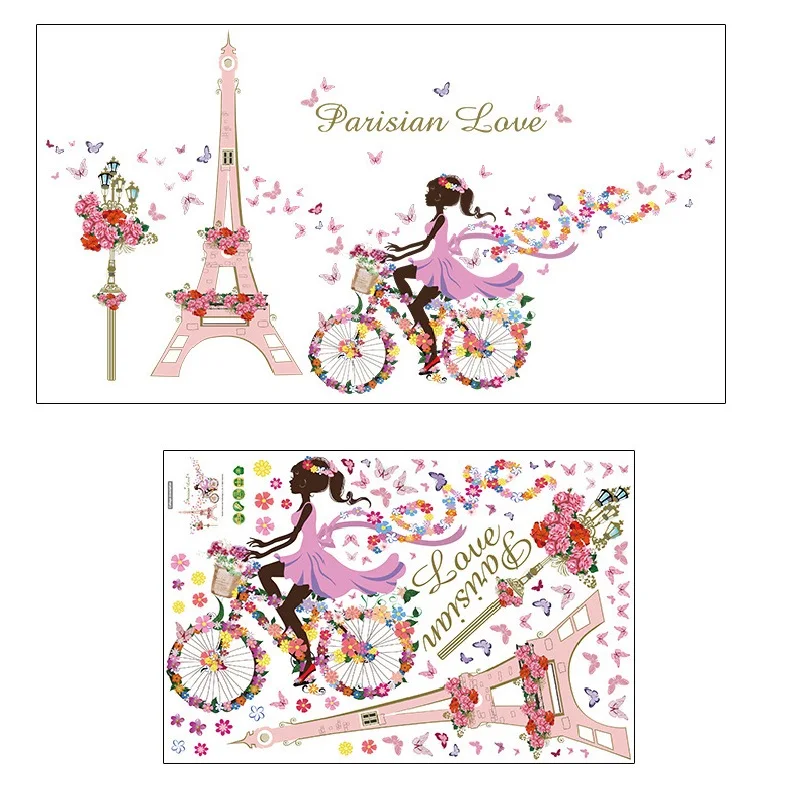 Цветочная фея велосипед Детские Наклейки на стены Розовый Париж башня сон