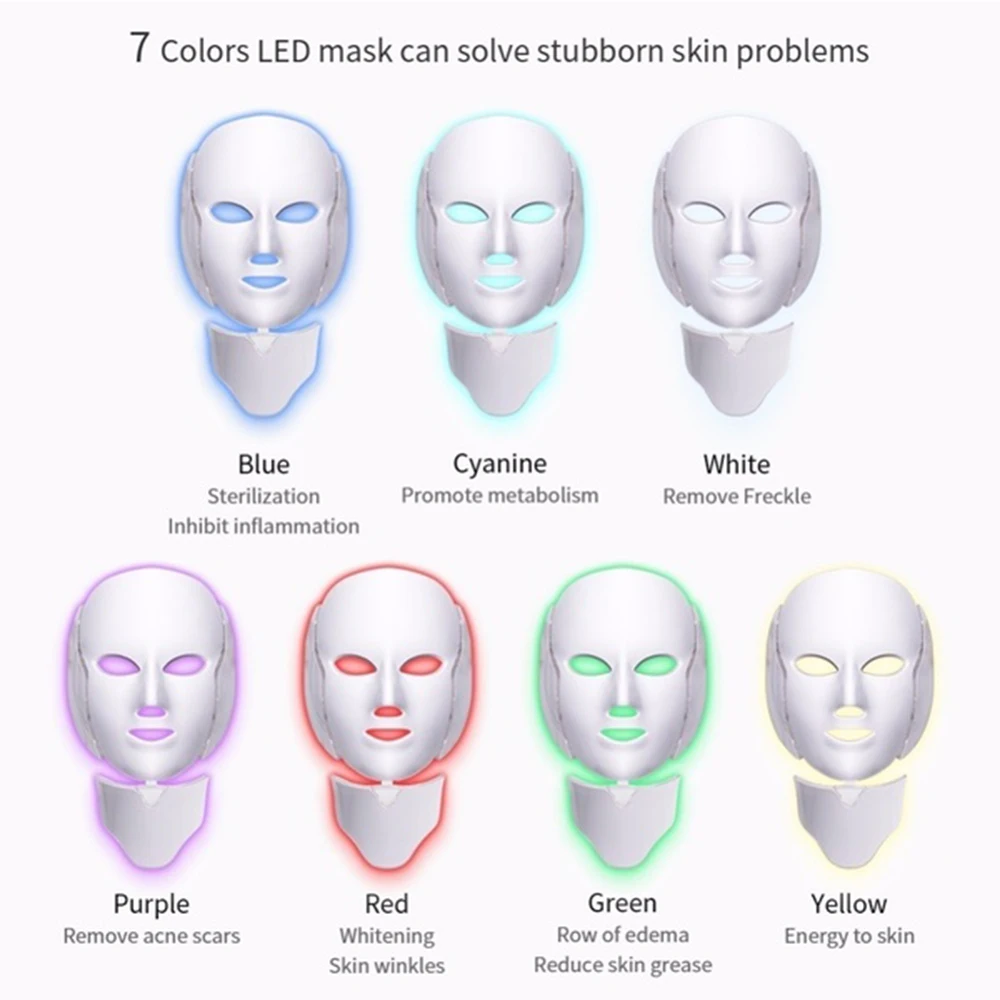 

7 Colors LED Facial Mask Beauty Skin Rejuvenation Photon Light Mask with Neck Therapy Wrinkle Anti Acne Tighten Women Skincare