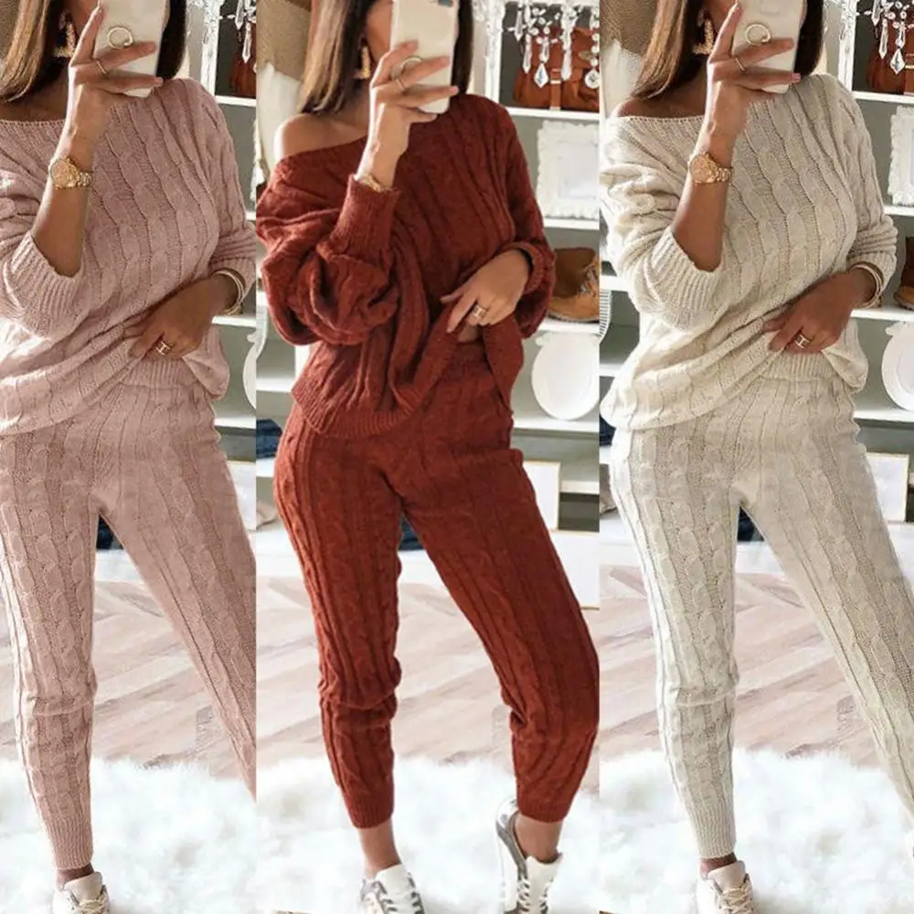 

Wholesales 2Pcs Winter Solid Color Off Shoulder Sweater Pants Women Knitted Pajamas Set
