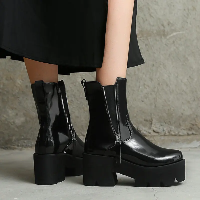 

Patent PU Leather Women Ankle Boots Platform Thick Heel Women Motorcycle Boots Zipper Women Autumn Winter Boots Big Size 34-43