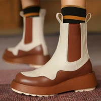 military creepers women cow leather round toe ankle boots flat platform motorcycle pull on chunky shoe 34 35 36 37 38 39