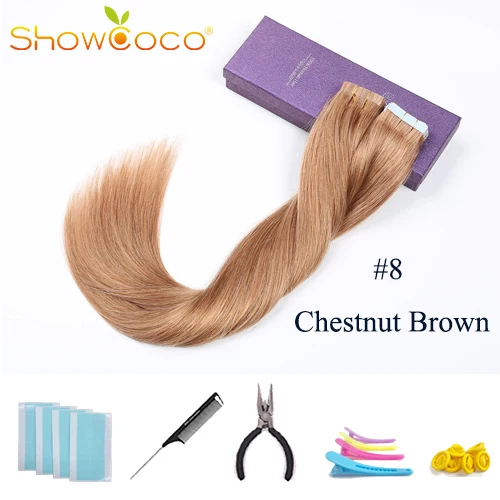 Color8 -40 Pcs ShowCoco лента в Пряди человеческих волос для наращивания натурального волос 20/40 шт, смешанные цвета, Цвет горячие головы для наращивания блеск коричневого до блондинка ленточных накопителей - Цвет: Color8 -40 Pcs