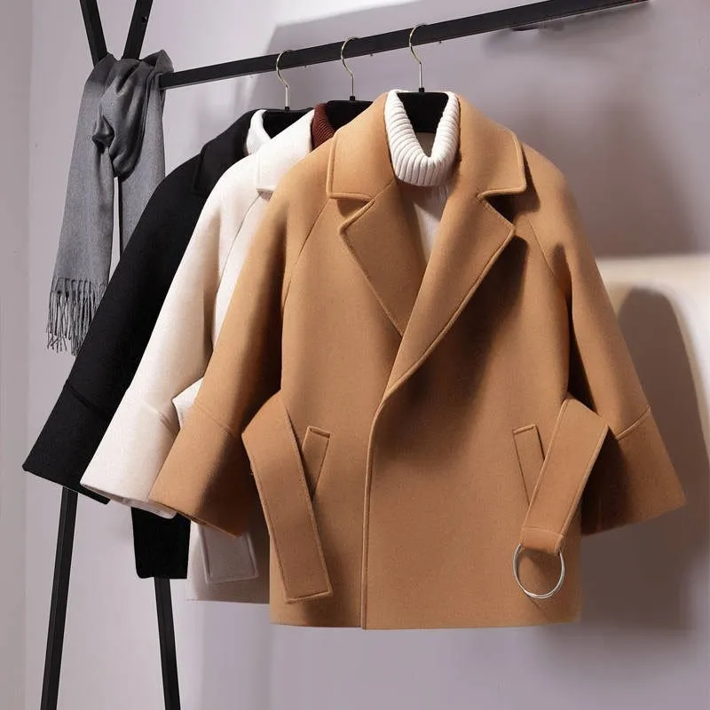 Свободное длинное женское пальто из искусственной шерсти с отложным воротником