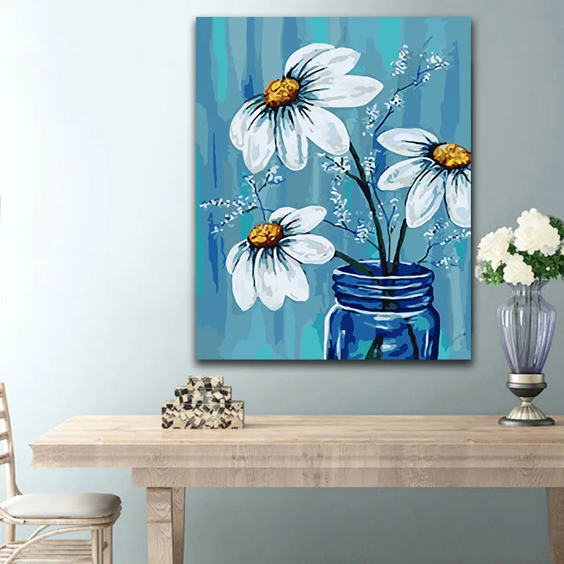 DIY картинки для раскраски по номерам с цветами белая Маргаритка синяя Ваза